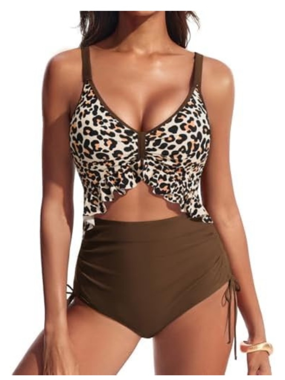 Leopard Print Ruffle One-Piece Swimsuit in Brown